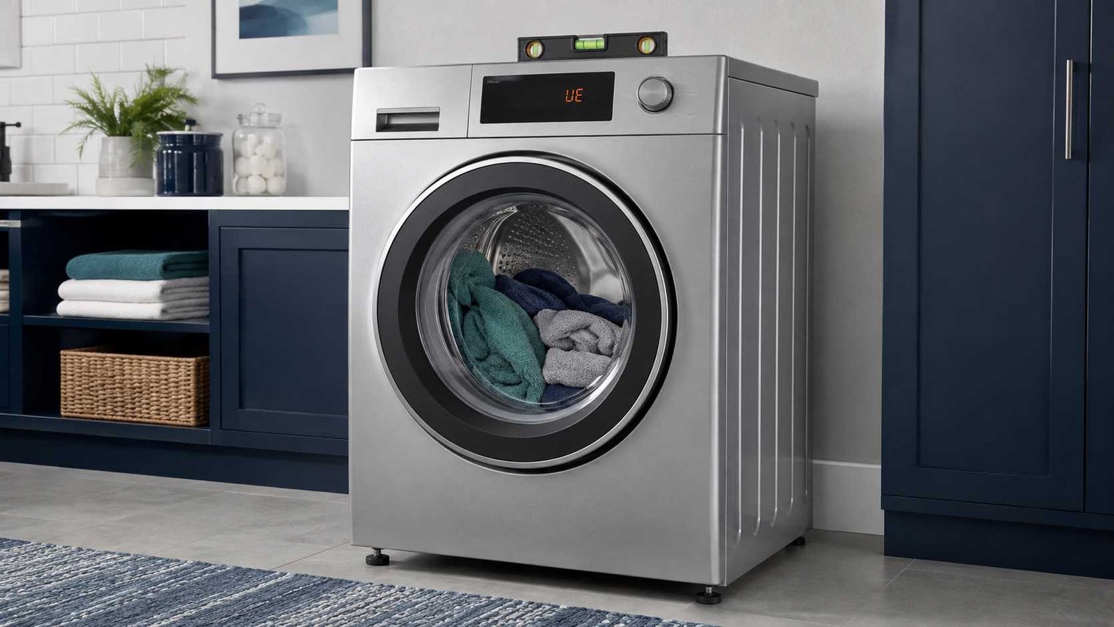 Front-load washer displaying UE code with an uneven laundry load