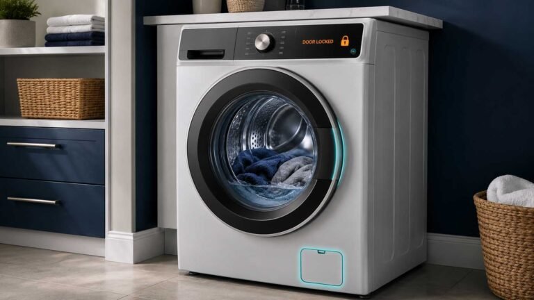 Front-load washing machine displaying a locked door warning