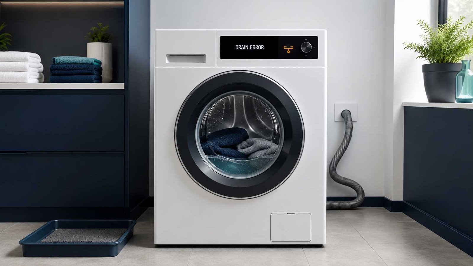 Front-load washing machine showing a generic drain error warning