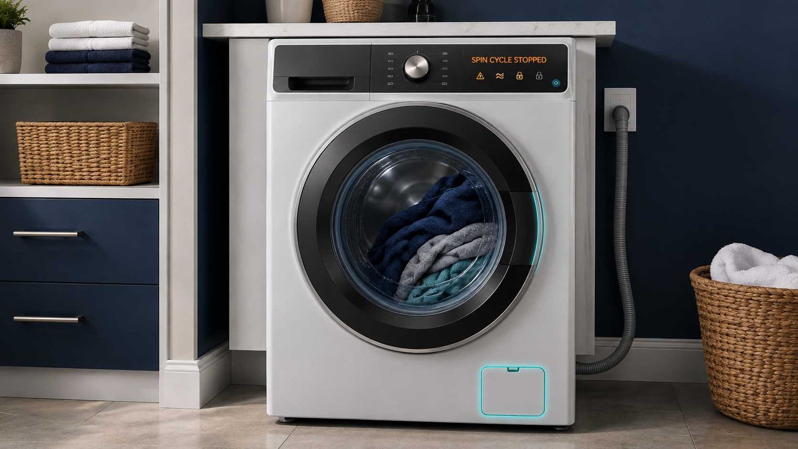 Front-load washing machine stopped with an uneven load during spin