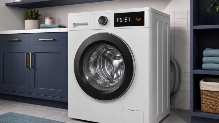 Washing machine display showing F9 E1 long drain error