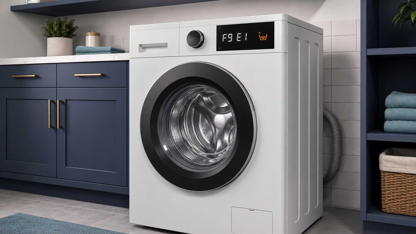 Washing machine display showing F9 E1 long drain error